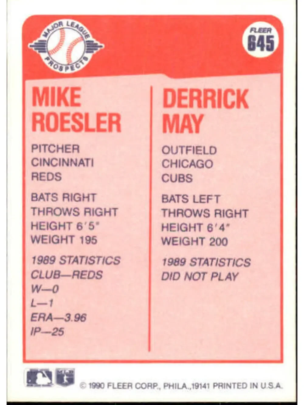 1990 Mike Roesler / Derrick May Fleer Baseball Card #645